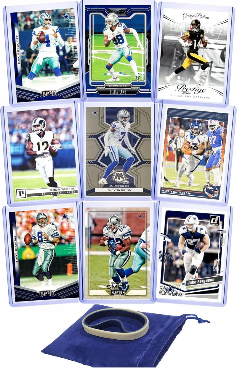 Chaser Dallas Cowboys Cards: Dak Prescott, CeeDee Lamb, George Pickens, Trevon Diggs, Troy Aikman, Emmitt Smith, Jake Ferguson, Javonte Williams, Brandin Cooks ASSORTED Football Stars & GOATs Trading Card & Wristbands Gift Pack - Image 1